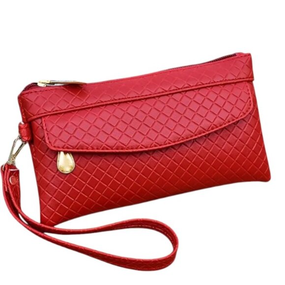Elegant Women's Red Diamond Pattern Clutch Wristlet Wallet Vegan Leather - Picture 5 of 6